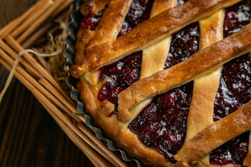 Cherry pie on a brown wooden table

