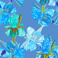 Fototapeta na wymiar Monochrome irises. Floral seamless pattern on blue background.