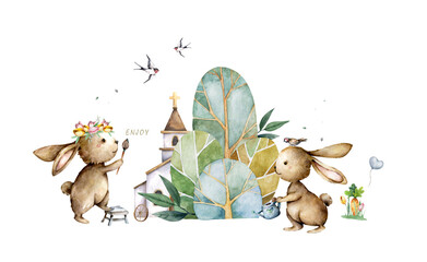 Easter concept. Easter symbols hand drawn watercolor cartoon illustration. Easter bunny, tree church isolated elements white background - 413542195