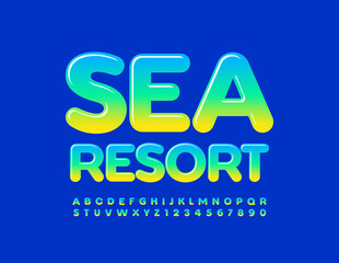 Vector colorful Emblem Sea Resort. Bright Glossy Font. Artistic Alphabet Letters and Numbers.
