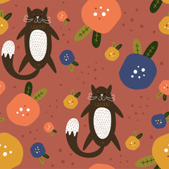 Seamless pattern with black cat. Creative kids hand drawn texture for fabric, wrapping, textile, wallpaper, apparel. Vector illustration