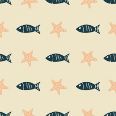 Blue fish and peach starfish seamless repeat pattern. Vector