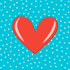 Happy Valentine's Day greeting card with red heart on blue. Cute illustration for printing on cups, business cards, flyers, notebooks, brochures. 