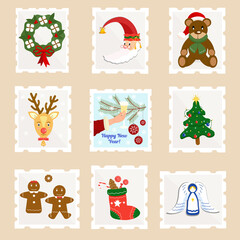 Set of Christmas postage stamps. Variety of modern vector isolated stamp designs. New Year postage stamps.