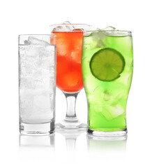 Delicious refreshing drinks in glasses on white background