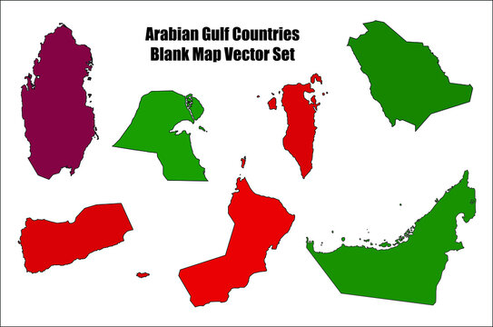 Arabian Or Persian Gulf Countries Map Outline Vector Icon Set With Flag Colors For Middle East Concepts. 