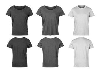 Set of Grey unisex t shirt front and back mockup isolated on white background with clipping path.
