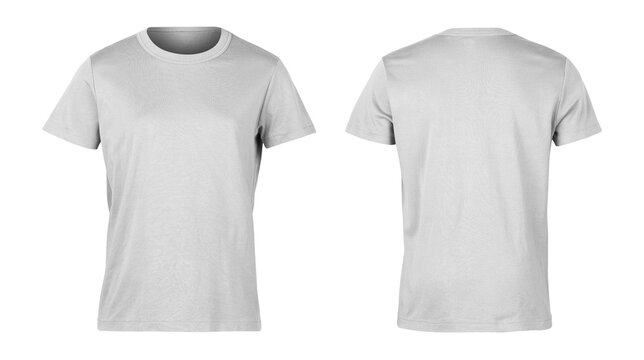 Realistic Grey Unisex T Shirt Front And Back Mockup Isolated On White Background With Clipping Path.