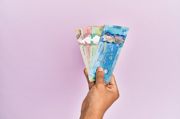 Hispanic hand holding canadian dollars banknotes over isolated pink background.