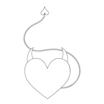 Heart with horns and a tail. Sketch. Devils heart. Vector illustration. A symbol of love in a devilish guise. Isolated white background. Coloring book for children. Valentines Day. Seductive tempter. 