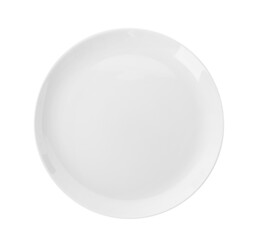 New white ceramic plate isolated on white, top view