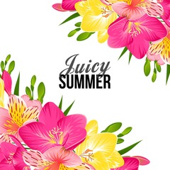 FESTIVE BANNER WITH BRIGHT TROPICAL FLOWERS