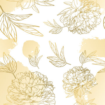 Vector vintage seamless pattern with gold ink blots and outline peonies on a white background. Artwork for the design of wedding invitations. Linear image of leaves and large buds of flowers.
