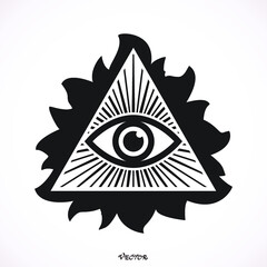Eye of Providence. Masonic symbol. All seeing eye inside triangle pyramid. New World Order. Hand-drawn alchemy, religion, spirituality, occultism. Isolated vector illustration. Conspiracy theory.