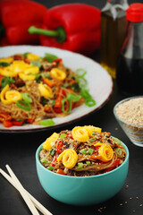 Japchae, a sweet and savory dish of stir-fried glass noodles, Korean cuisine	