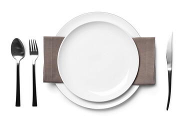 Beautiful table setting on white background, top view