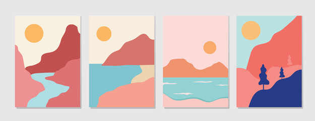 Minimalistisches Design. berge und meerillustration. Abstrakte geometrische Landschaft mit minimalistischen Formen und schönen Farben. Vektorgeometrie. Poster, Postkarten, digitale Wandkunst, fertig zum Drucken © Rojastock13