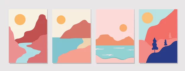 Minimalistisches Design. berge und meerillustration. Abstrakte geometrische Landschaft mit minimalistischen Formen und schönen Farben. Vektorgeometrie. Poster, Postkarten, digitale Wandkunst, fertig zum Drucken © Rojastock13