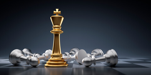 Golden chess king with pawns - Business leader concept - Strategy planning and competition - obrazy, fototapety, plakaty