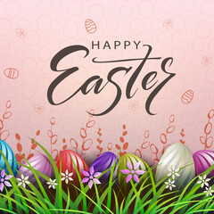 Easter composition, colorful eggs with a beautiful wavy pattern in the grass with flowers