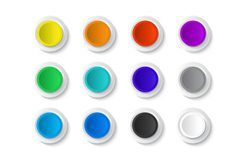 set of colorful transparent buttons with glass frames music player isolated on grey background