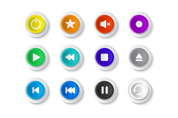 set of colorful transparent buttons with glass frames music player isolated on grey background