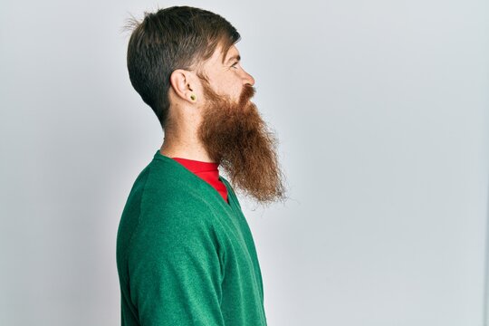 Redhead man with long beard wearing casual clothes looking to side, relax profile pose with natural face with confident smile.