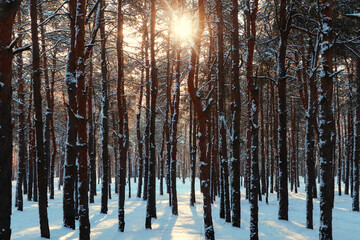 Obraz premium Picturesque view of snowy pine forest in winter morning