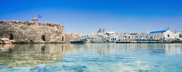 Paros island, Naoussa, Cyclades, Greece, beautiful greek fishing village panoramic view. Travel,...