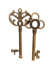 Old golden keys isolated on white background
