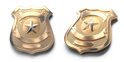 Police golden metal badge isolated on white Sign and symbol of police. - obrazy, fototapety, plakaty
