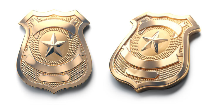 Police golden metal badge isolated on white Sign and symbol of police.