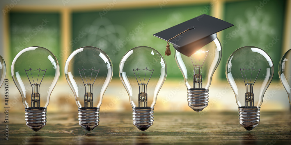 Poster glowing light bulb with graduation cap in row of other light bulbs on classroom blackboard backgroun