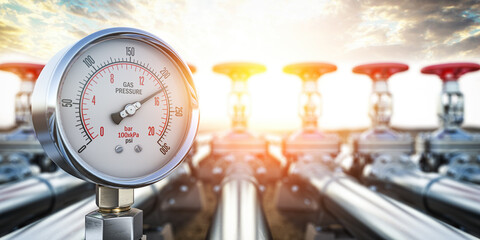Fototapeta Gas pression gauge meters on gas pipeline. Gas extraction, production, delivery and supply concept. obraz