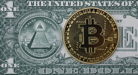 symbolic coins of bitcoin on banknotes of dollars