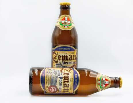 Ukrainian Zeman lager beer bottles closeup against white background