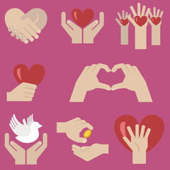 Charity infographics with 6 charitable purposes as options and illustration concept of hands holding heart, vector template for graph.