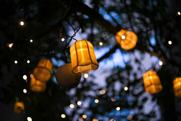 Colorful lampions and lanterns up a tree at night in the garden. A wedding, event or festival...