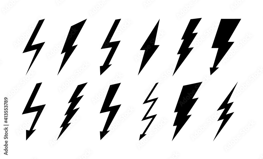 Poster Set of thunderbolt and lightning icons. Vector simple icons in flat style. Lightning silhouettes isolated on white background.