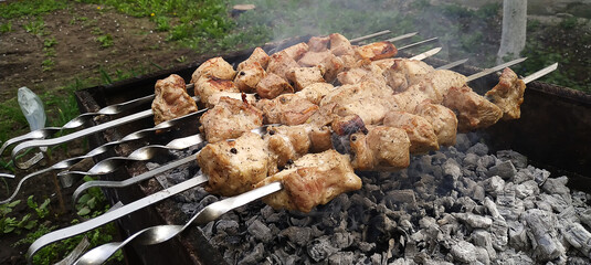 outdoor food, barbecue, grill, charcoal food. selective focus