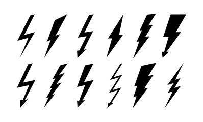 Set of thunderbolt and lightning icons. Vector simple icons in flat style. Lightning silhouettes isolated on white background. - obrazy, fototapety, plakaty