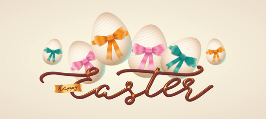 Happy easter lettering, golden easter logo elements, colorful ribbons. Vector illustration greeting card, ad, promotion, poster, flyer, web-banner, article
