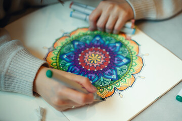 Young woman colouring mandala with markers and white rosary on table with cup of coffee at home