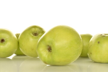 Several organic green apples by Renet Simirenko, close-up, isolated on white.