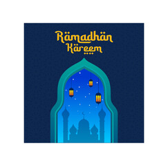 Ramadhan kareem greetings with islamic mosque silhouette,stars and lanterns. you can use it for greeting card, calendar, brochure and wallpaper. vector design illustration
