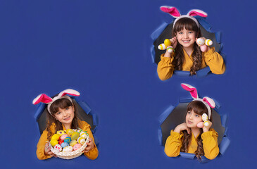  Girl at Easter with bunny ears and painted eggs