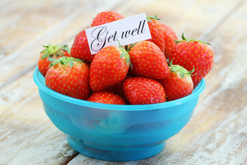 Get well card with sweet strawberries in blue bowl
