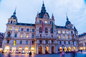 Fototapeta na wymiar Rathaus (19 c.) at Hauptplatz at night, Graz, Austria