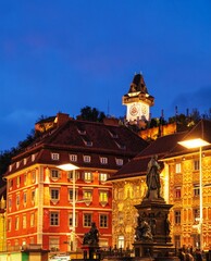 Houses on Hauptplatz and Erzherzog Johann Brunnen  at night, Graz, Austria - 413557575