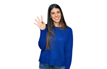 Young hispanic woman wearing casual clothes showing and pointing up with fingers number four while smiling confident and happy.